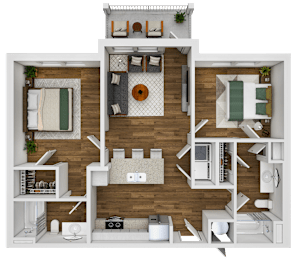 A 3D floor plan of a house with a living room, kitchen, and two bedrooms.