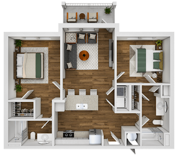 A 3D floor plan of a house with a living room, kitchen, and two bedrooms.