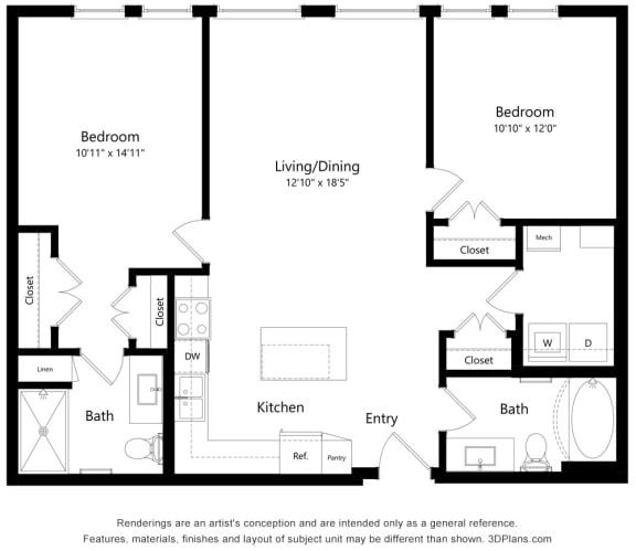 2 Bedroom 2 Bath Floor Plan at Bren Road Station 55+ Apartments, Minnetonka, MN