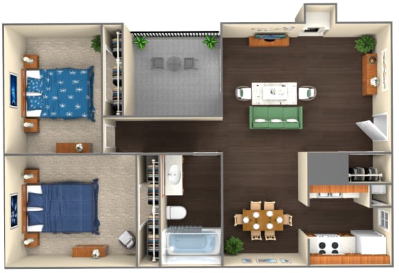 Floor Plan  2-bed/1-bath 3D model at Landmark Apartment Homes, Mississippi, 39305