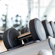 A close up of a dumbbell rack in a gym.