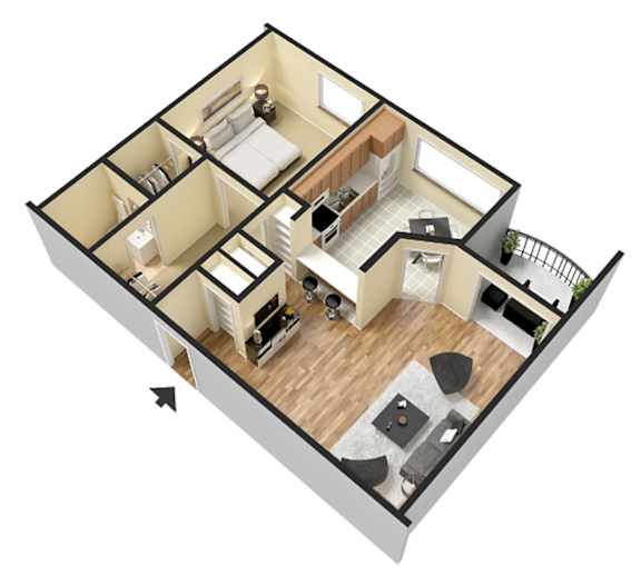 The Summit at Point Loma Apartments in San Diego, California 1 Bedroom 3D Floor Plan