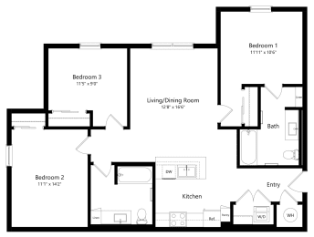 Three Bedroom Floor Plan at Jackson Palms Affordable Apartments in Jacksonville FL