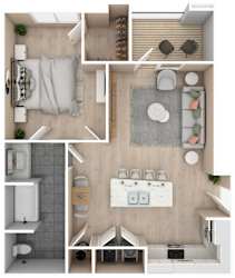 One bedroom, One bathroom floor plan | 724 Sq. Ft. at Audubon Park Apartments in Zachary, LA