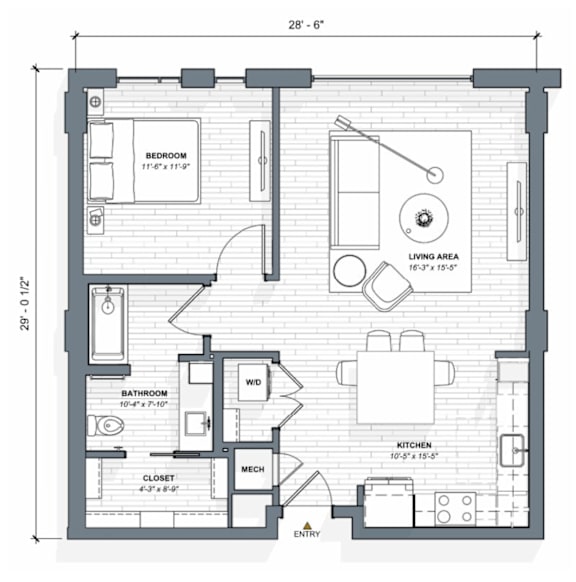 A floor plan of a house with a living area, kitchen, bathroom, and bedrooms.
