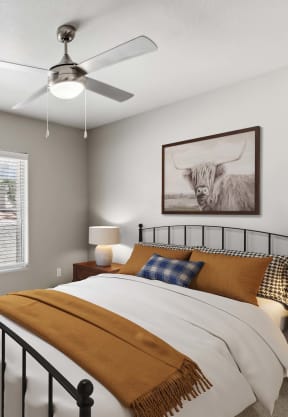 a bedroom with a bed and a ceiling fan at Altezza High Desert, New Mexico, 87111
