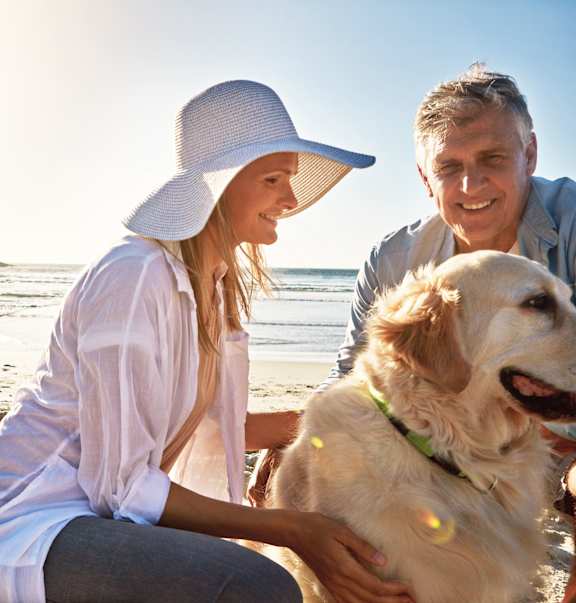 a man and a woman sitting on the beach with a dog