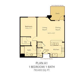 A floor plan of a one bedroom apartment with a bathroom and a living room.