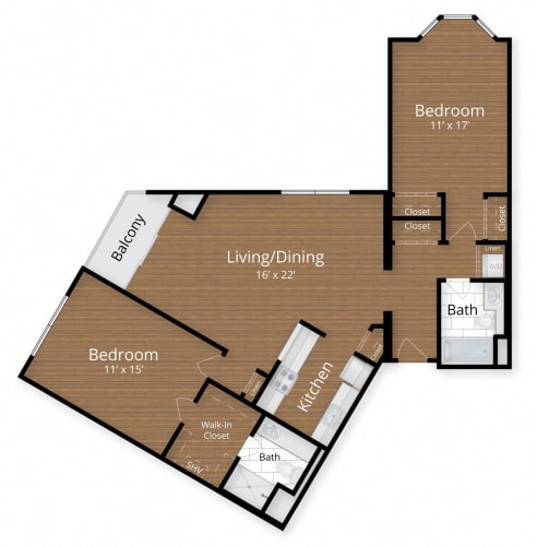 Floor Plan  2 bedroom 2 bathroom D at Lenox Club Apartments, Silver Spring, MD