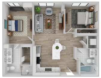 A top-down view of a well-furnished apartment.