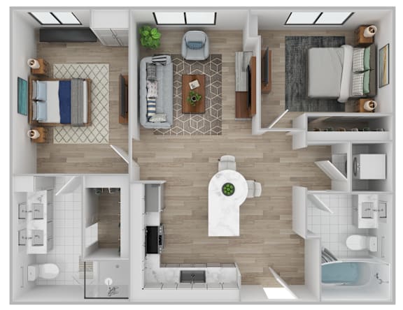 A top-down view of a well-furnished apartment.