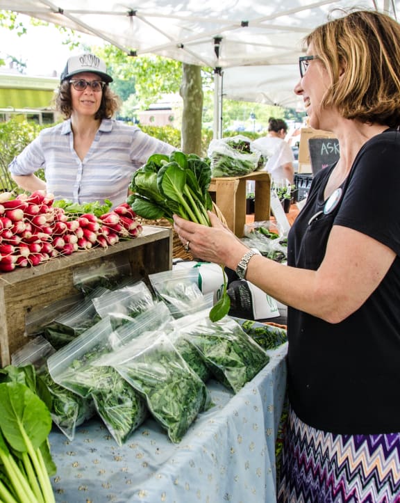 a woman buying vegetables at a farmers market