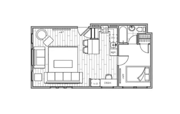 Lotus Cityline Apartments in Downtown Salt Lake City, Utah. 2D floor plan of the 682 square foot 1 bed, 1 bath floor plan