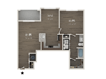 A floor plan of a house with a kitchen, living room, and bathroom.