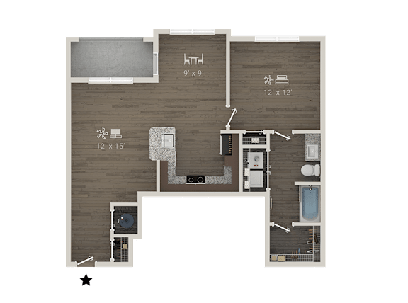 A floor plan of a house with a kitchen, living room, and bathroom.