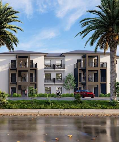 an image of an apartment building with palm trees in front of it