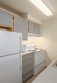 A white refrigerator sits next to a sink in a kitchen.