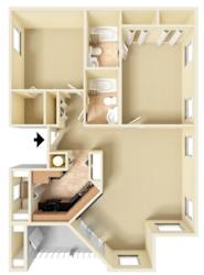 Unfurnished 3D floor plan of the Boca Grande two-bedroom, two-bathroom apartment at Providence at Palm Harbor, highlighting the spacious layout, kitchen, bedrooms, bathrooms, and storage.
