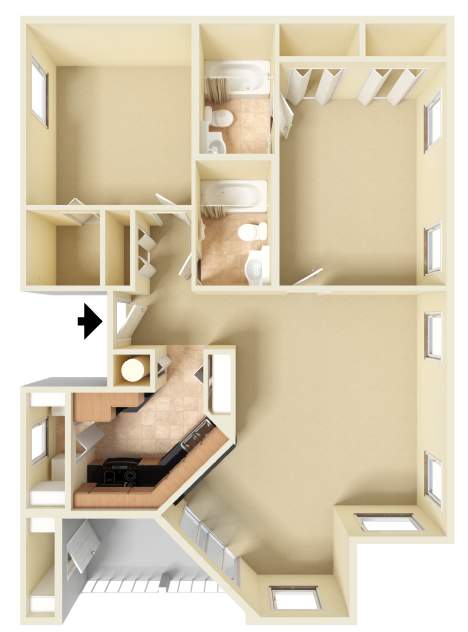 Unfurnished 3D floor plan of the Boca Grande two-bedroom, two-bathroom apartment at Providence at Palm Harbor, highlighting the spacious layout, kitchen, bedrooms, bathrooms, and storage.