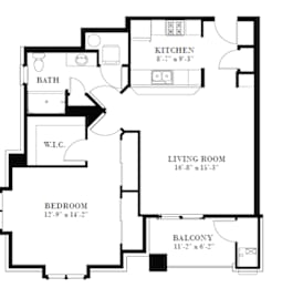 A floor plan for a Millennium Unit D3 - 958 sq.ft. with 1 Bedroom and 1 Bath.