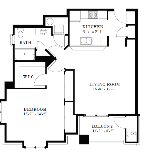 A floor plan for a Millennium Unit D3 - 958 sq.ft. with 1 Bedroom and 1 Bath.