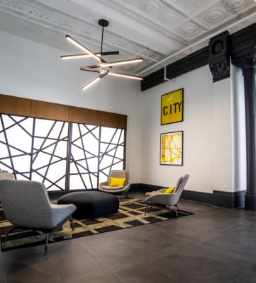 Lobby seating area at Janus Lofts, Managed by Buckingham Urban Living, Indianapolis, Indiana