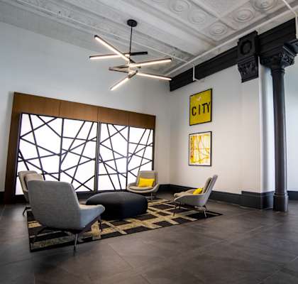 Lobby seating area at Janus Lofts, Managed by Buckingham Urban Living, Indianapolis, Indiana