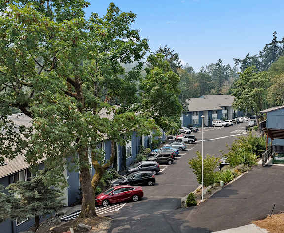 A parking lot with cars and a building in the background.