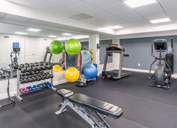 the gym is updated with weights and other gym equipment at trillium apartments