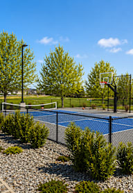 A basketball court surrounded by a fence and trees.