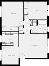 A floor plan of a two bedroom apartment with a living room, dining room, kitchen, and bathrooms.