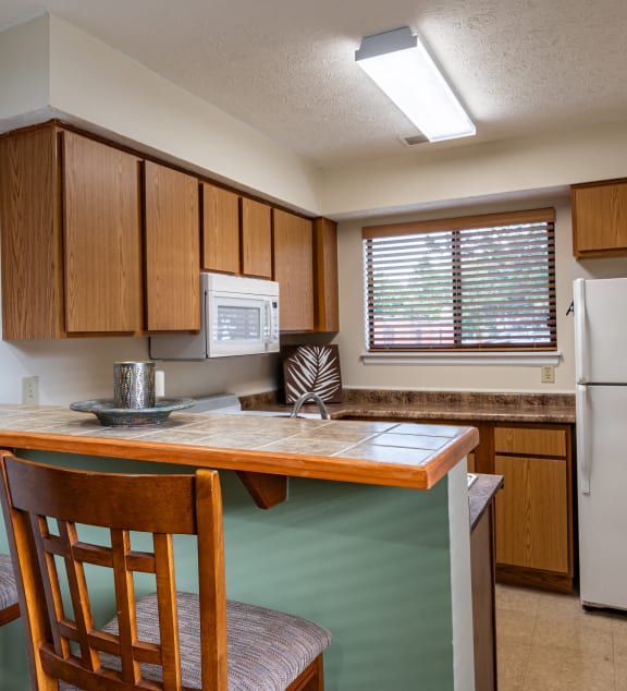a kitchen with a bar with two chairs and a refrigerator