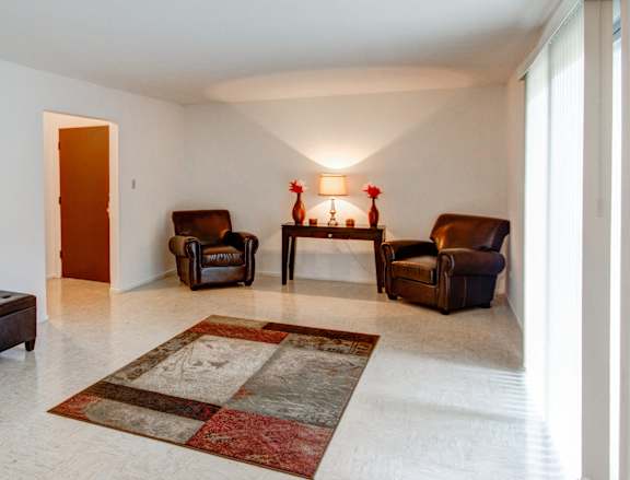 A living room with a rug and chairs.