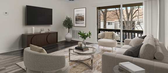 A living room with a grey sofa, a white armchair, a glass coffee table, a wooden cabinet, a flat-screen TV, and a potted plant.