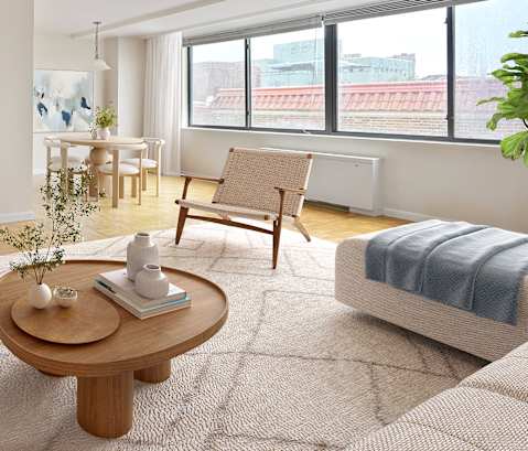 A living room with a flat screen TV, a sofa, a coffee table, and a potted plant.