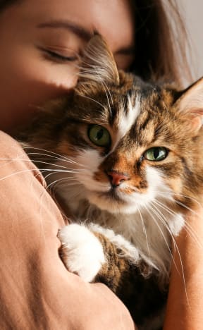 a woman holding a cat on her shoulder