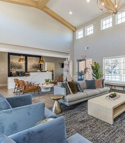 an open living room with couches and a coffee table