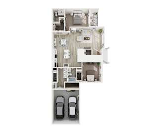 A 3D floor plan of a house with two bedrooms, a living room, a kitchen, and a garage.