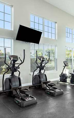 A spacious home gym with treadmills, elliptical machines, and a weight bench.
