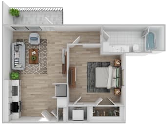 A top-down view of a small apartment with a kitchen, living room, and bathroom.