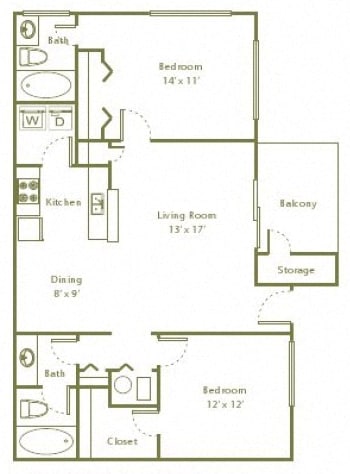 735 sq.ft. 2 bedroom 2 bathroom floor plan B Floor Plan 735 sq.ft. 2 bedroom 2 bathroom floor plan B at The Columns at Vinings, Atlanta, Georgia