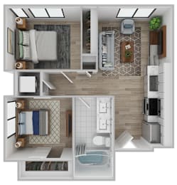 A top-down view of a small apartment with a kitchen, living room, and bathroom.