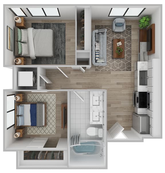 A top-down view of a small apartment with a kitchen, living room, and bathroom.