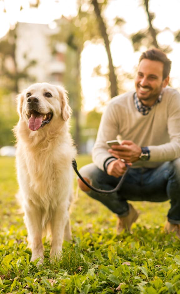a man with his dog in a park