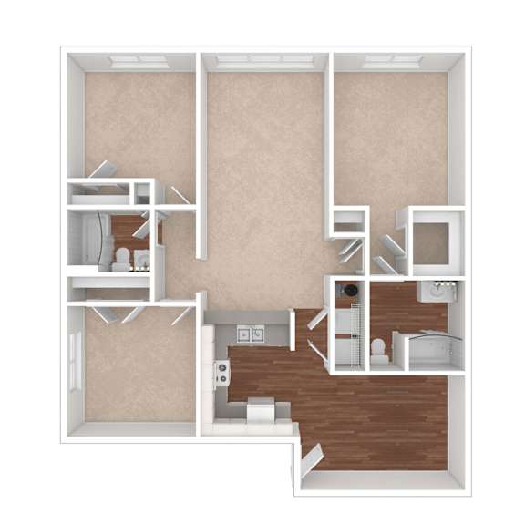 A 3D rendered image of a house layout.