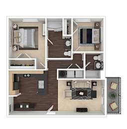 A floor plan of a two-bedroom apartment with a living room, kitchen, and bathroom.