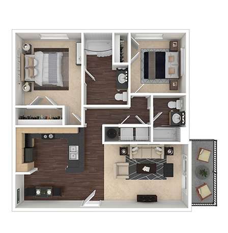 A floor plan of a two-bedroom apartment with a living room, kitchen, and bathroom.