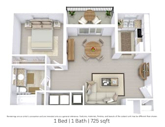 This is a 3D-floor plan providing a detailed, angled view of the space with room layouts, furniture placement, and spatial flow. Features 1 bedroom/s, 1 bathroom/s, and approximately 725 Sq. Ft