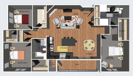 Floor Plan  Westminster three bedroom two bathroom floor plan at The Flats at 84