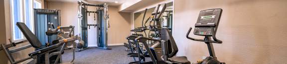 A gym with a variety of equipment including a treadmill, a stationary bike, and a rowing machine.